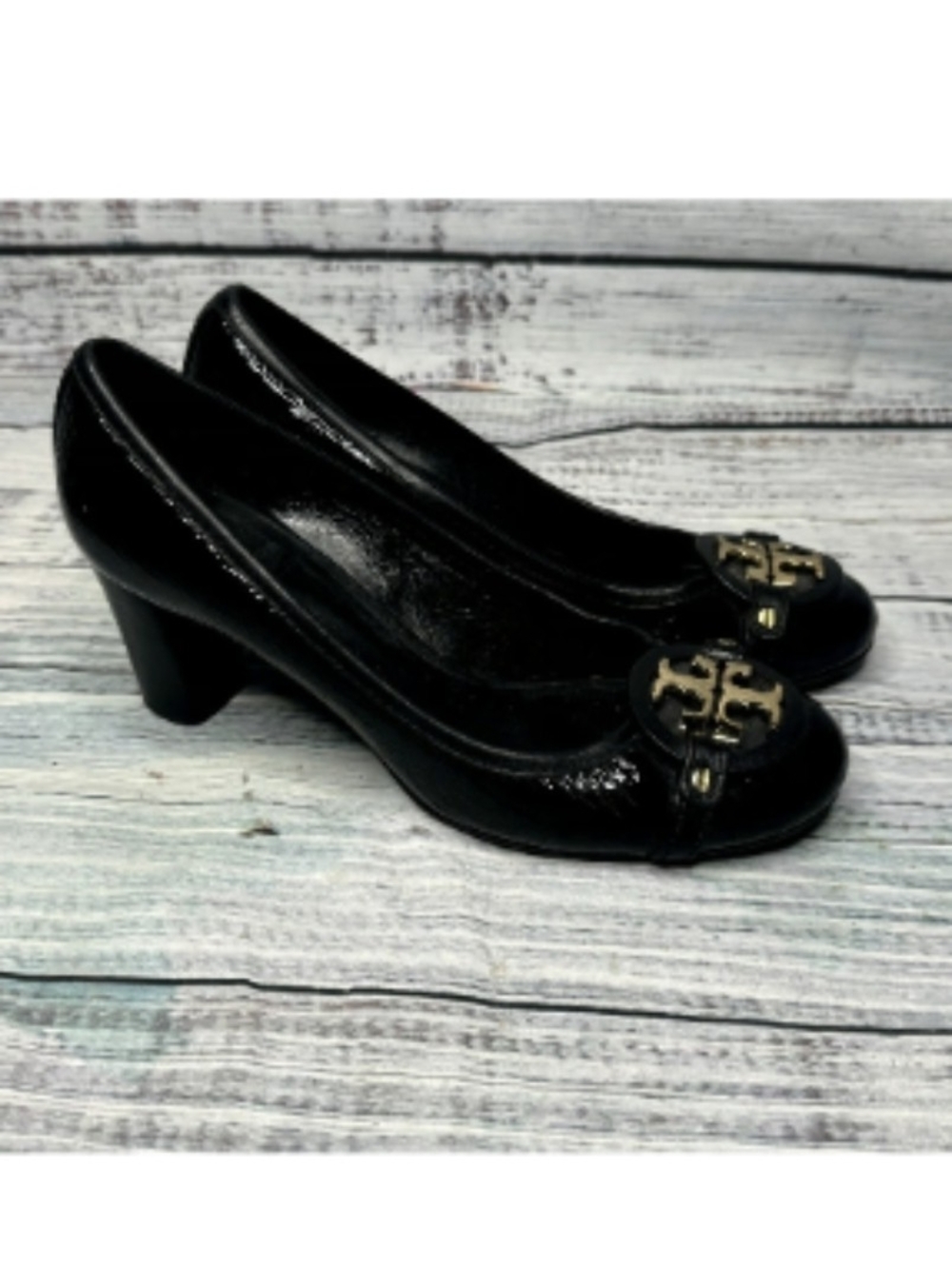 Tory Burch Black Patent Mid-Heel Logo Pumps